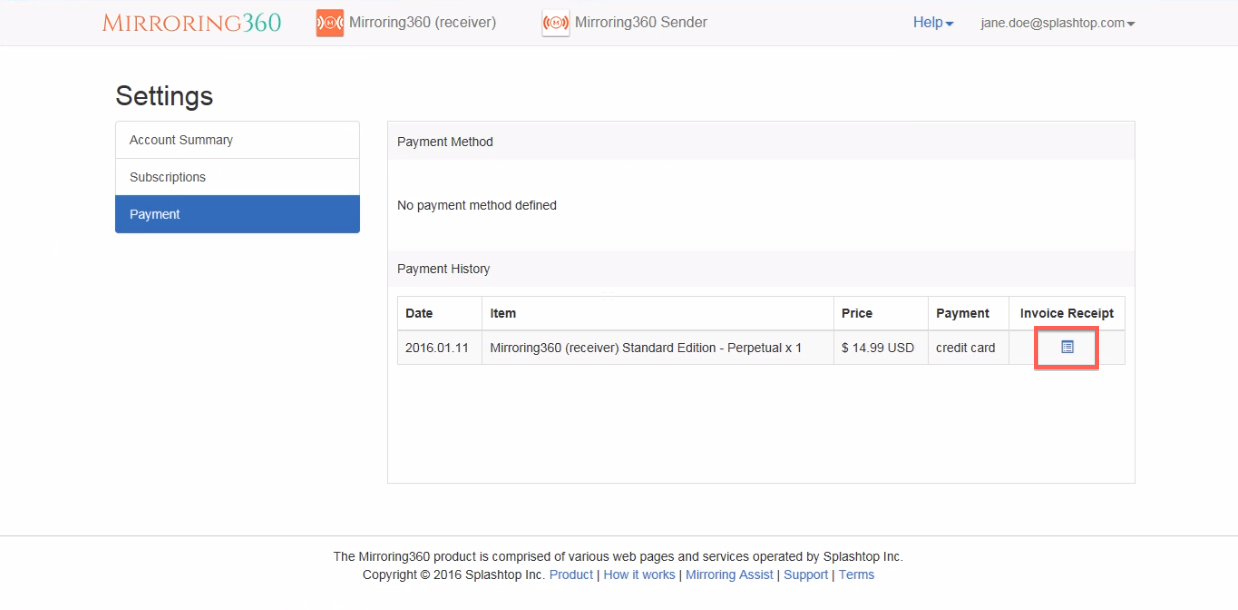 Generate an invoice for Mirroring360