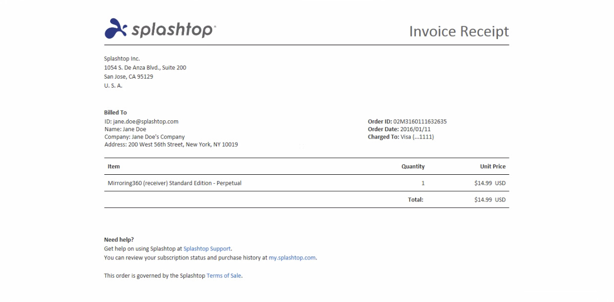 Mirroring360 Invoice Receipt